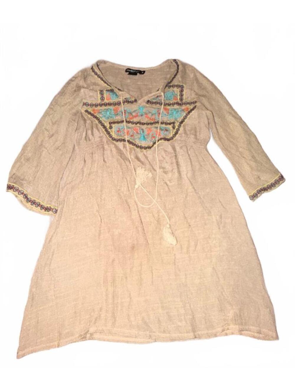 Urban Mangoz Medium Beige Embroidered 100% Polyester Boho Tunic Dress